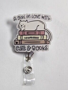 OOAK Handmade Just a Girl in Love with Cats & Books Badge Reel Cat Lady ID Tag